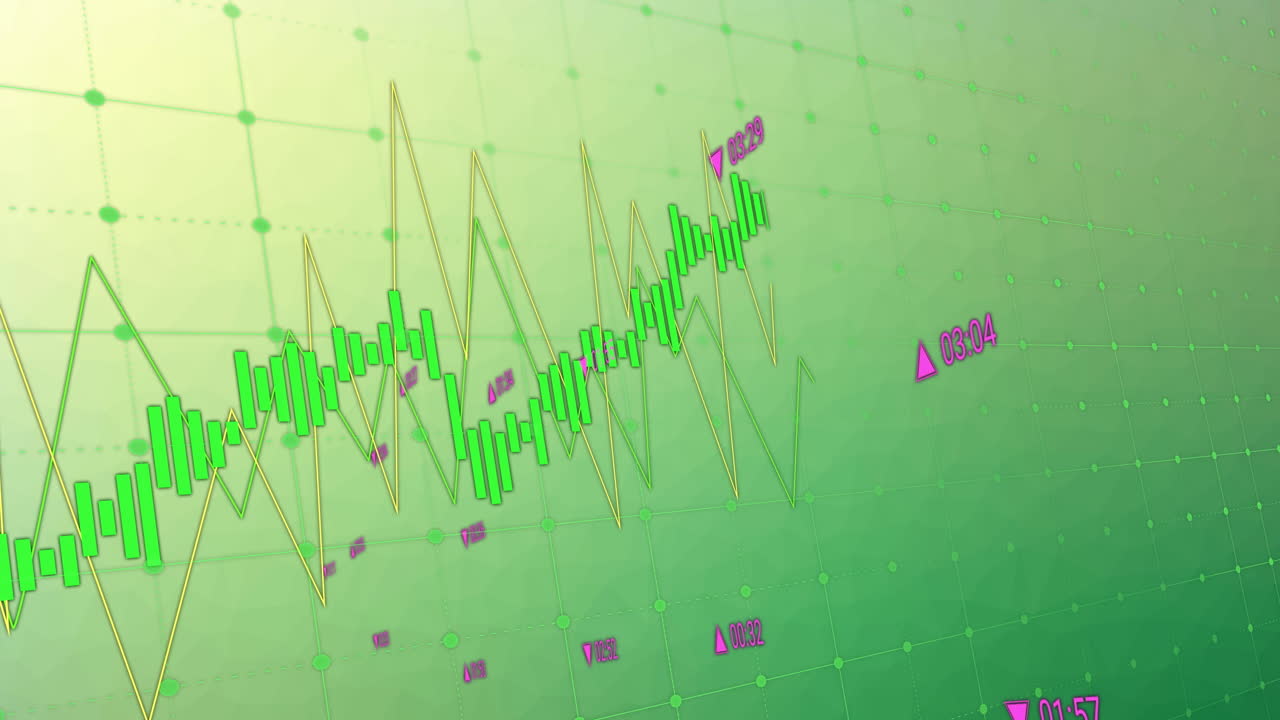 금융 데이터 및 주식 시장 추세 녹색 배경에 애니메이션