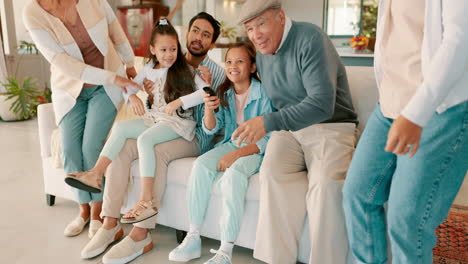 relax, love and big family watching tv on a sofa