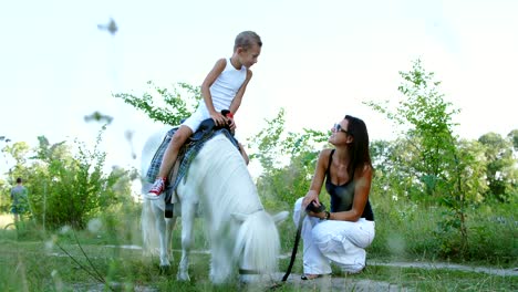 una mujer y un niño están caminando por el campo, el hijo está montando un caballo, la madre está sosteniendo un caballo para una brida. vacaciones familiares alegres y felices. al aire libre, en verano, cerca del bosque