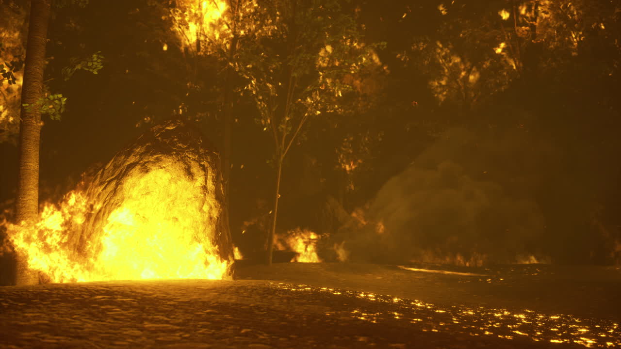 불꽃이 숲을 쓸고 극적인 화재 풍경이 강렬한 불꽃으로 만들어집니다.