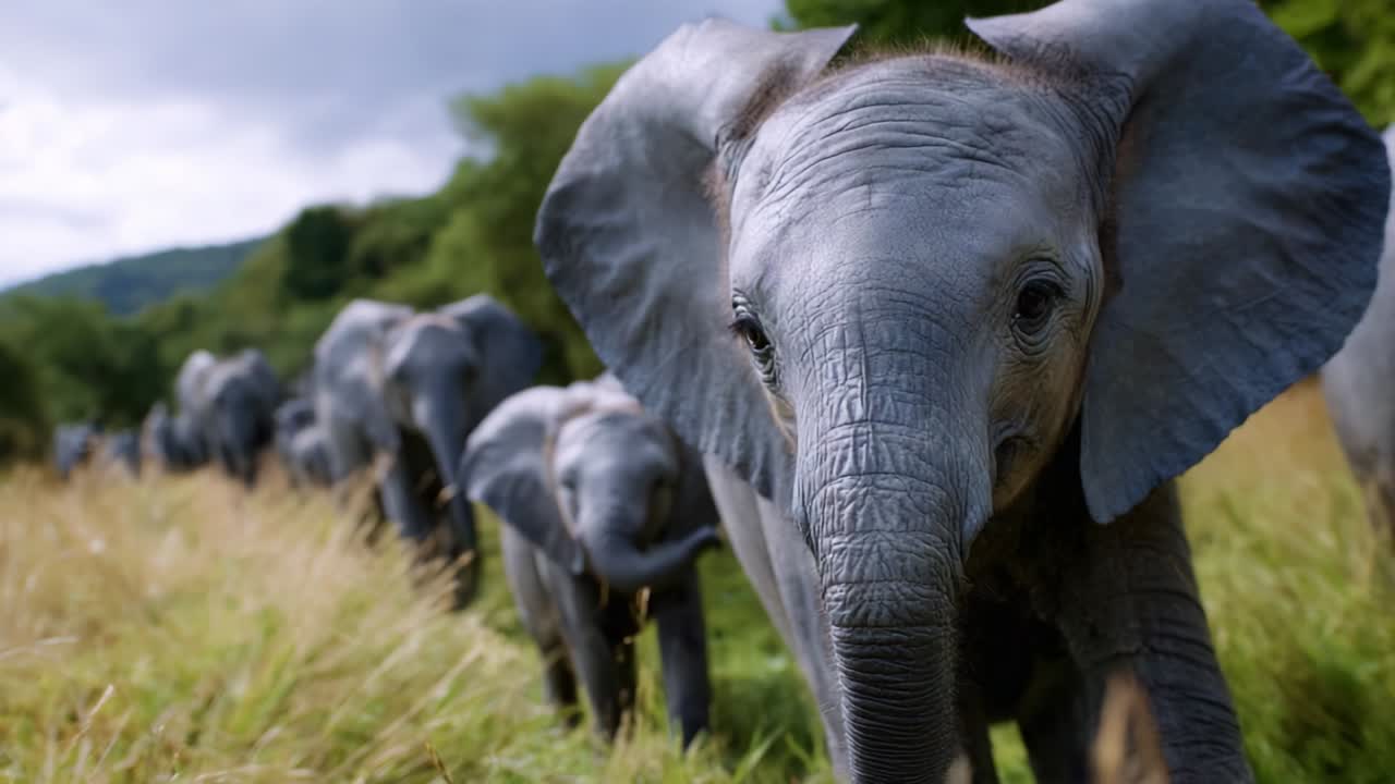 A Majestic Journey of Elephants: Captivating Footage of a Family of Gentle Giants Moving Gracefully Through Their Natural Habitat Surrounded by Lush Greenery and Vibrant Scenery