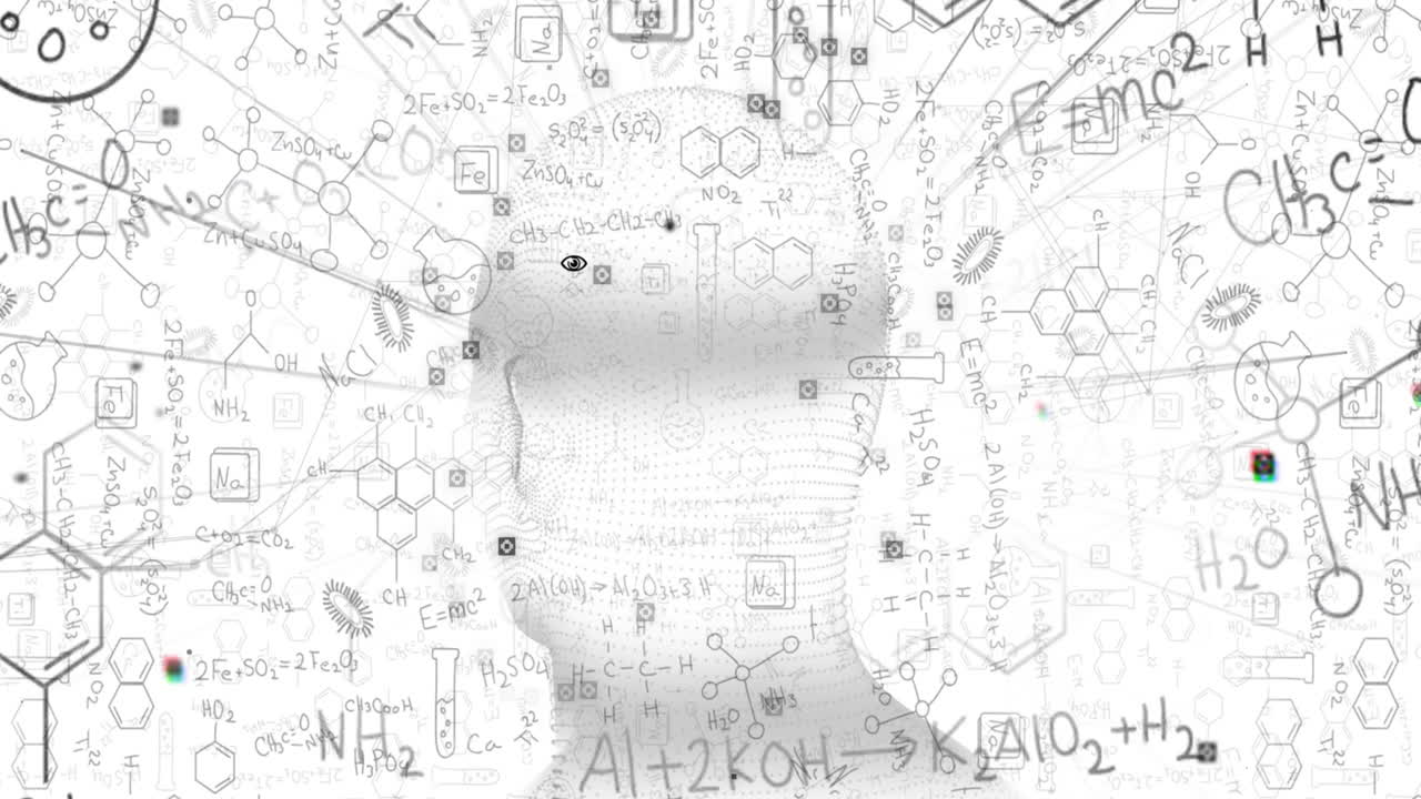 cabeza humana girando contra estructuras químicas y fórmulas en fondo blanco
