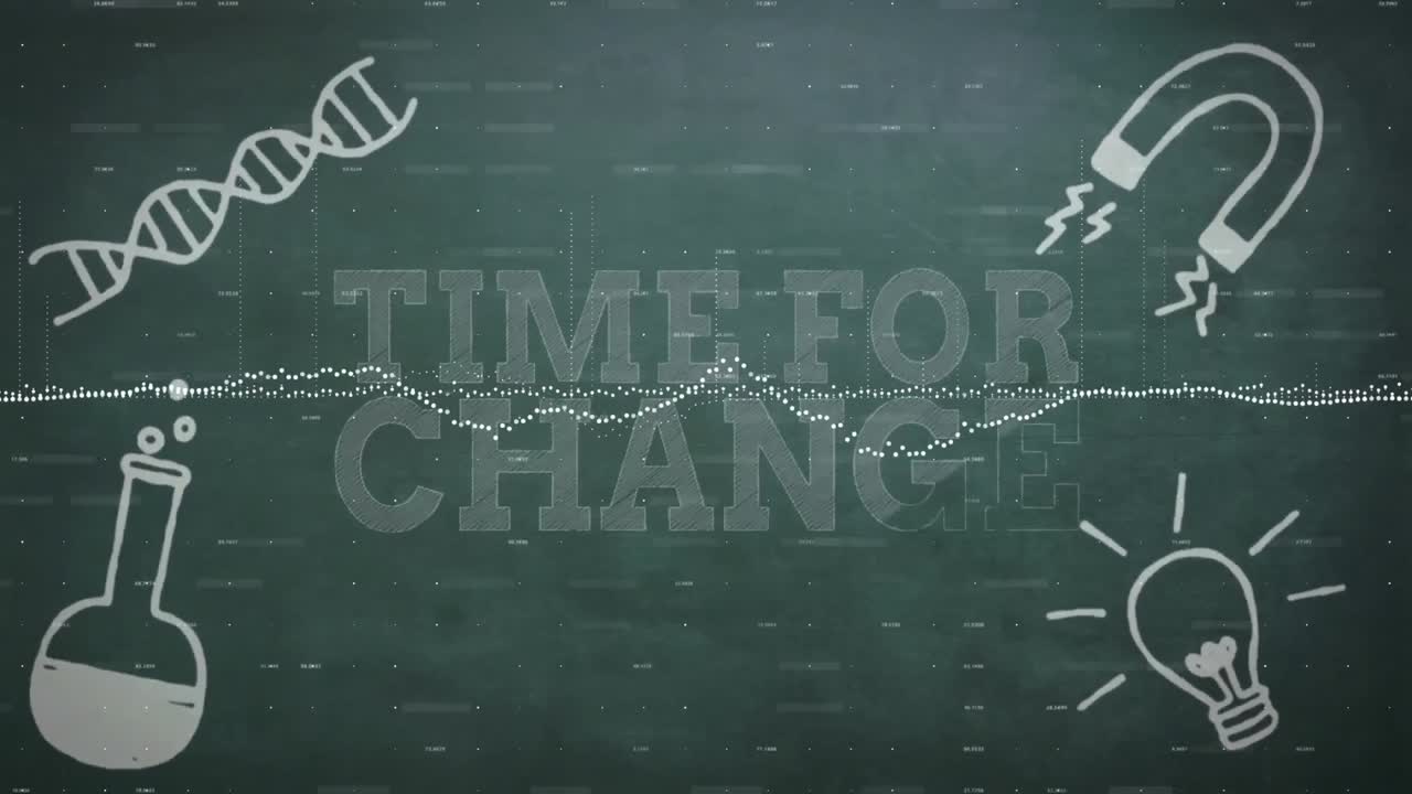 과학 아이콘의 애니메이션, 변경 텍스트의 시간 및 검은색 배경의 데이터 처리