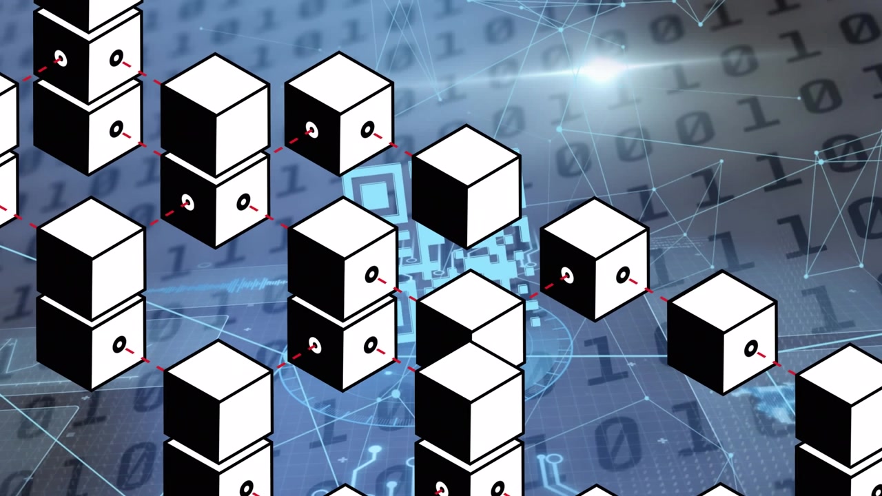 Animation 3d cubes moving with connected dots and qr code against binary codes