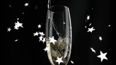 Animation-of-white-stars-over-glass-of-champagne-on-black-background