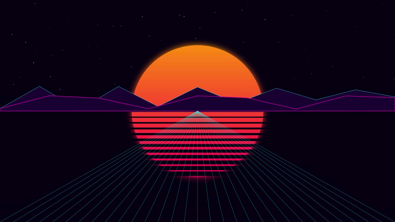 Retro Synthwave Style Landscape with Glowing Sun and Grid