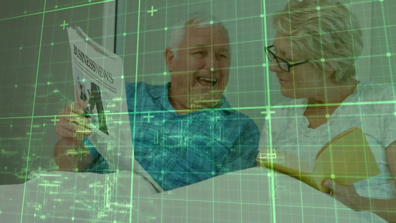 Animation of shapes moving over senior caucasian couple reading newspaper