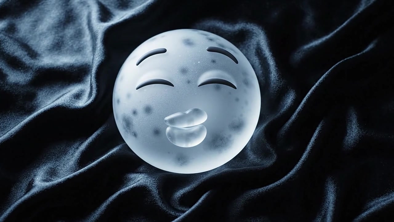 Legende udtryk af en gennemsigtig, smilende sfærisk figur med et finurligt design, der hviler på en glat, mørk satinflade, og fanger glæde og følelser.