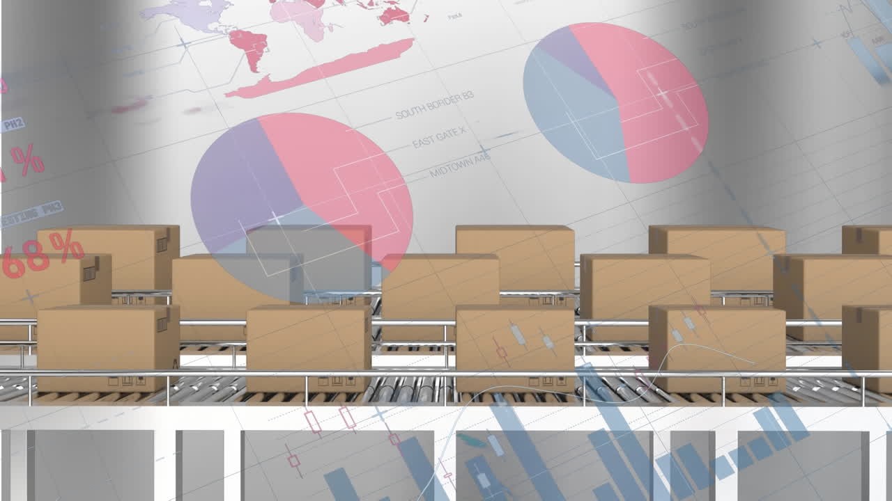 컨베이어 벨트에 있는 배달 상자에 대한 통계 데이터 처리의 애니메이션