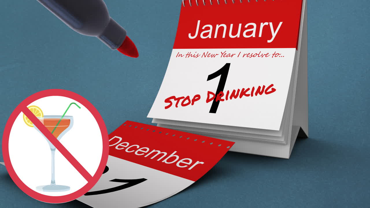 Animation of stop sign and drink, with pen and quit drinking text in red on january 1 of calendar