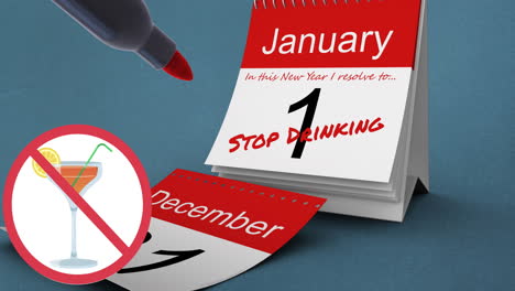 animación de señal de alto y bebida, con pluma y dejar de beber texto en rojo el 1 de enero del calendario