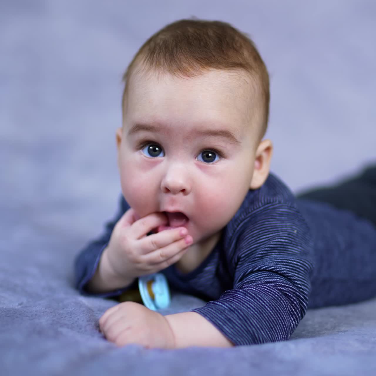 Beautiful baby boy wearing blue shirt lying on his belly. Calm cute toddler shoving tiny plump fingers into mouth. Grey blurred backdrop