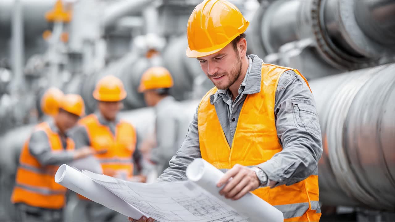 Focused Worker Analyzing Blueprints in Industrial Environment While Colleagues Collaborate Nearby, Showcasing Teamwork and Attention to Safety Protocols