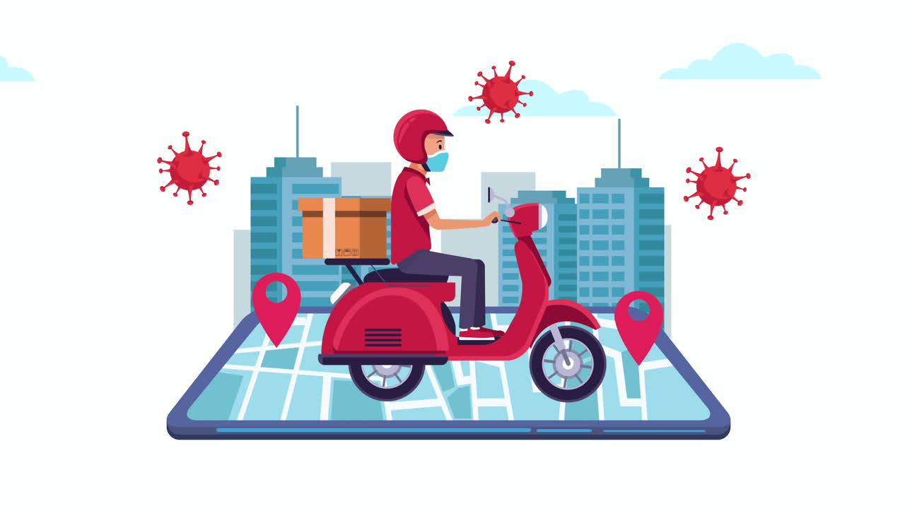 delivery service in motorcycle and smartphone animation