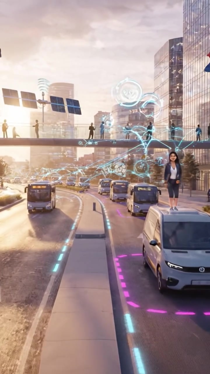 Futuristic Urban Landscape: A Vibrant City with Advanced Transportation Models and Pedestrians Observing from a Modern Bridge at Sunset