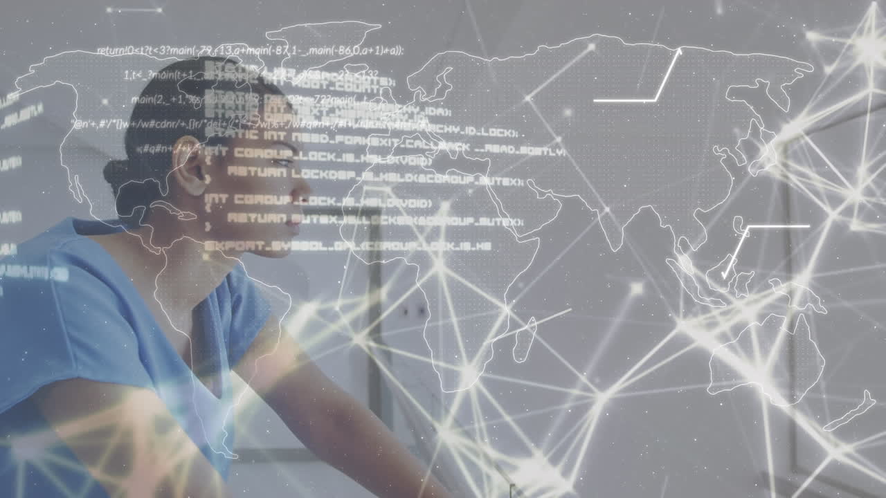 세계 지도와 데이터 처리의 애니메이션은 병원에서 스트레스를 받은 두 인종의 여성 의료 인력에 대한 것입니다.