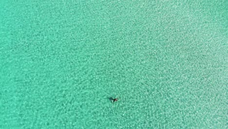 Drone-on-crystal-clear-water-of-Lido-Silvana-in-Puglia-with-a-lonely-man-taking-a-bath