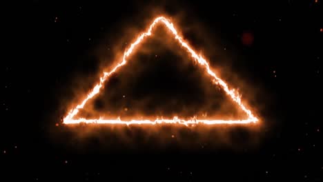 Animation-Von-Orangefarbenen-Und-Roten-Partikeln-Und-Einer-Dreieckigen,-Flammenden-Lichtspur,-Die-Sich-Auf-Schwarzem-Hintergrund-Bewegt