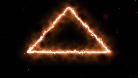 animación de partículas naranjas y rojas y un rastro de luz flameante triangular que se mueve sobre un fondo negro