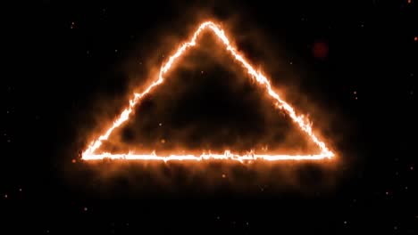 animation of orange and red particles and triangular flaming light trail moving on black background