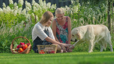 mother and daughter spending time with their dog in the garden