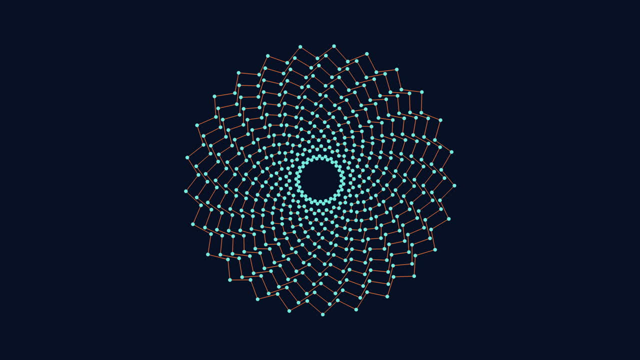 líneas circulares azules y puntos blancos sobre fondo negro