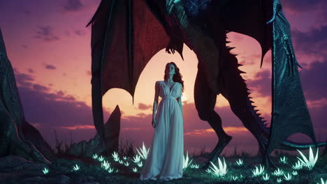 woman and dragon at sunset in a fantasy landscape