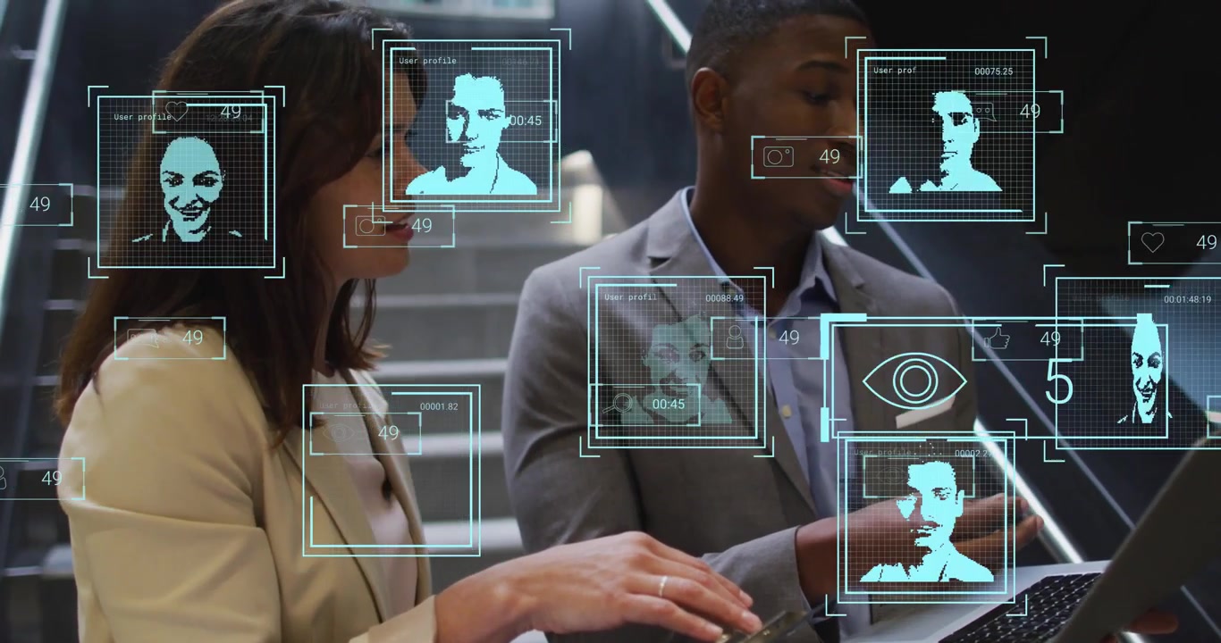 Animation of people icons over diverse business people in office