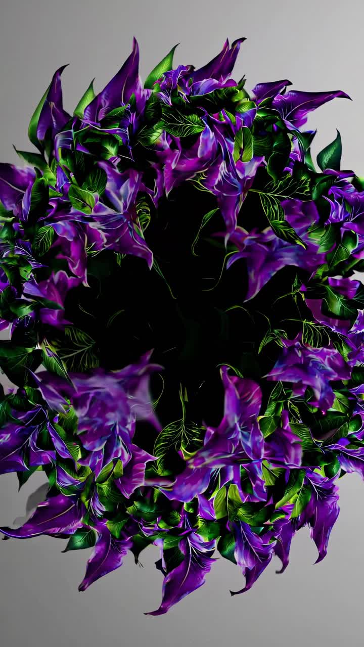 Top-down video view of vibrant, digitally enhanced purple and green leaves forming a circular