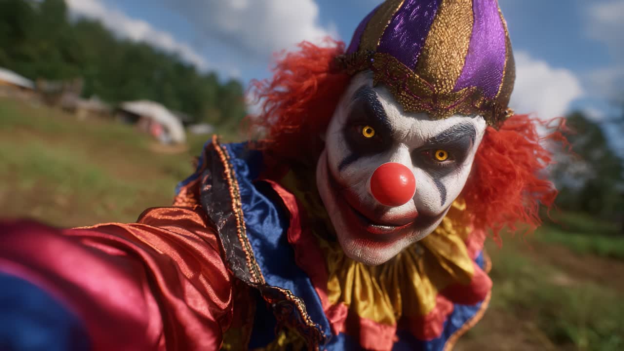 A vibrant and menacing clown character grins in a colorful costume, capturing a playful yet unsettling atmosphere in a sunny outdoor setting
