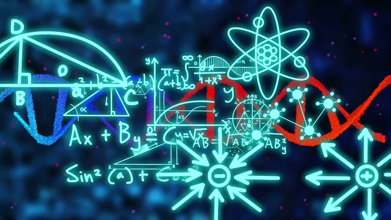 As dots splitting by color, cyan icons forming and writing math across DNA helix, showing molecules