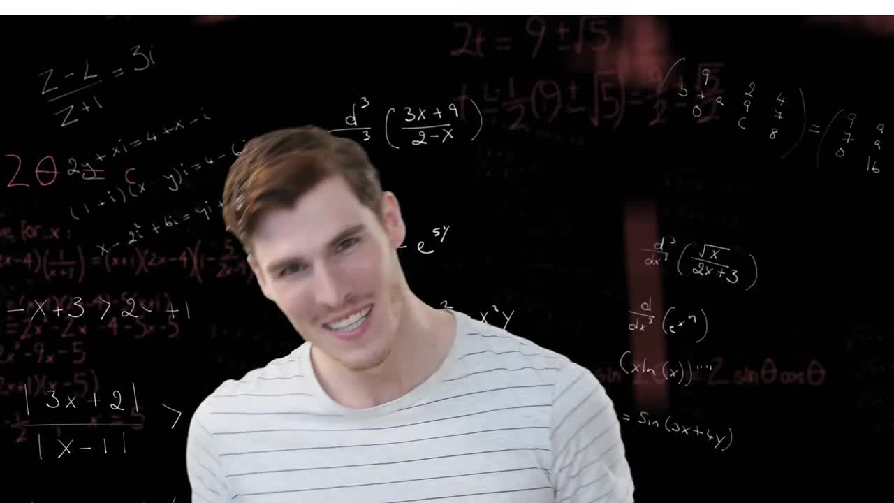 검은색 배경에 수학 방정식에 미소 짓는 백인 남자의 애니메이션