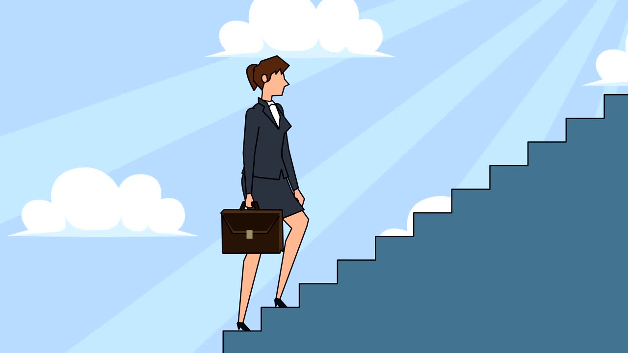 personaje de mujer de negocios de dibujos animados plano con bolsa de caso sube la escalera de la carrera escaleras de concepto de animación