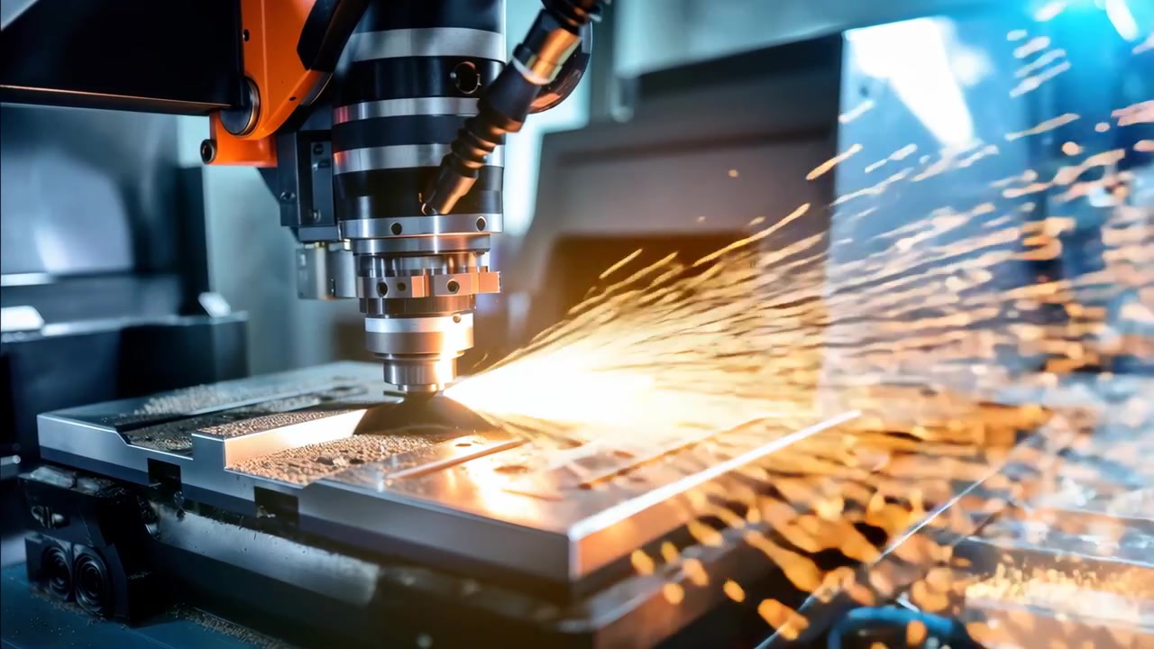 Macchina CNC automatizzata che taglia una lamiera metallica con scintille volanti
