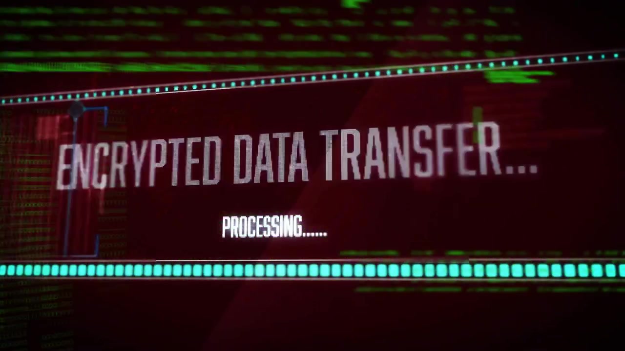 Code cascading initiating text glitching, pulsing progress strip showing encrypted data transfer