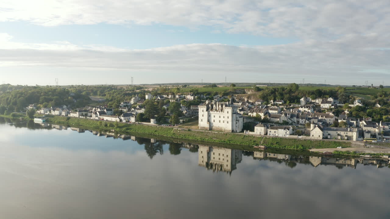 Punto di vista aereo con drone del Castello di Montsoreau e del fiume Loira nella Valle della Loira in Francia.