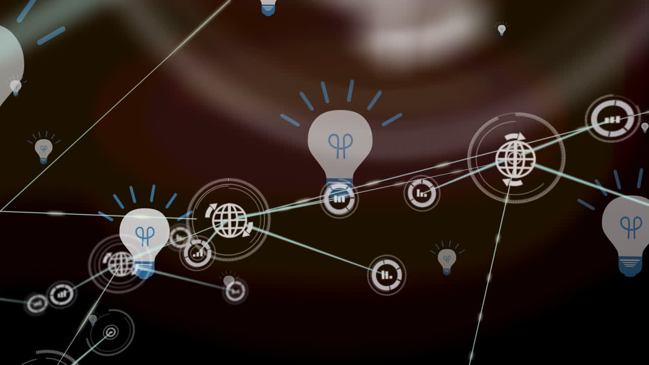 animación de la red de conexiones con iconos de globo sobre bombillas en fondo marrón