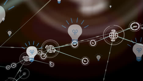 Animation-Eines-Verbindungsnetzwerks-Mit-Globussymbolen-über-Glühbirnen-Auf-Braunem-Hintergrund