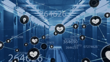 Animation-of-network-of-connections-with-icons-and-data-processing-over-server-room