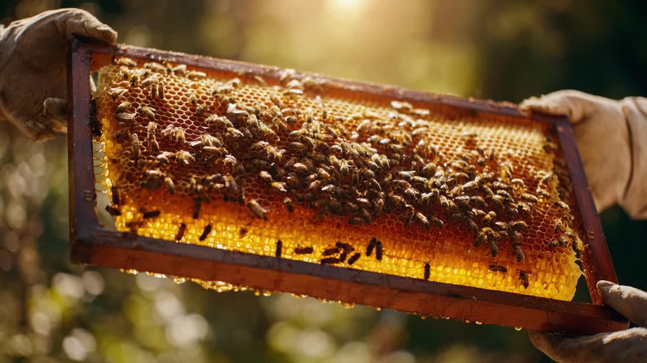 The Art of Beekeeping: Capturing the Process of Honey Harvesting Through Two Frames, Showcasing the Intricate Relationship Between Bees, Honeycomb, and Nature in a Captivating Visual Experience