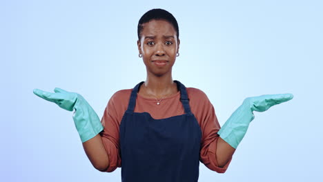 Woman,-cleaner-and-hands-with-gesture-in-studio