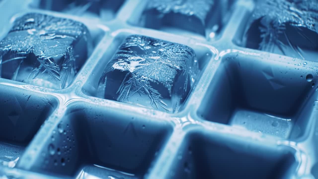 A Stunning Close-Up of Ice Cubes in an Ice Tray, Capturing the Fragile Beauty and Intricacies of Frosted Water Surfaces in a Cool Blue Hue