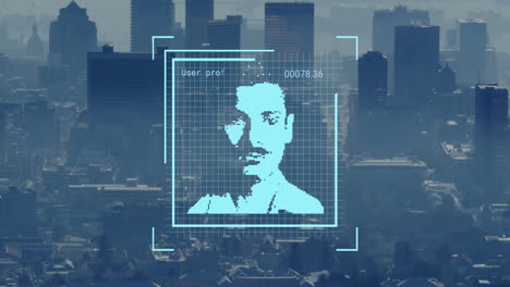 animating facial recognition over cityscape with skyscrapers in background