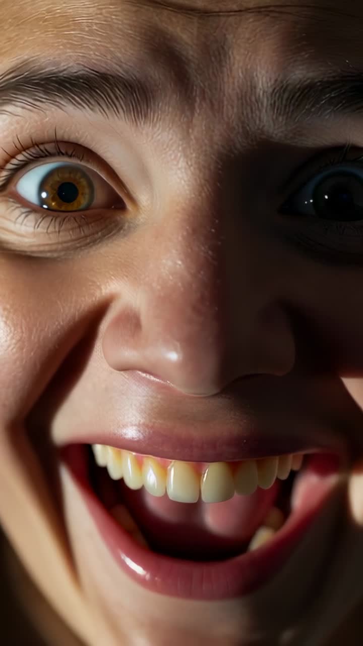 Vertical video: Starting surprised, woman closing jaw and forming toothy grin under left light