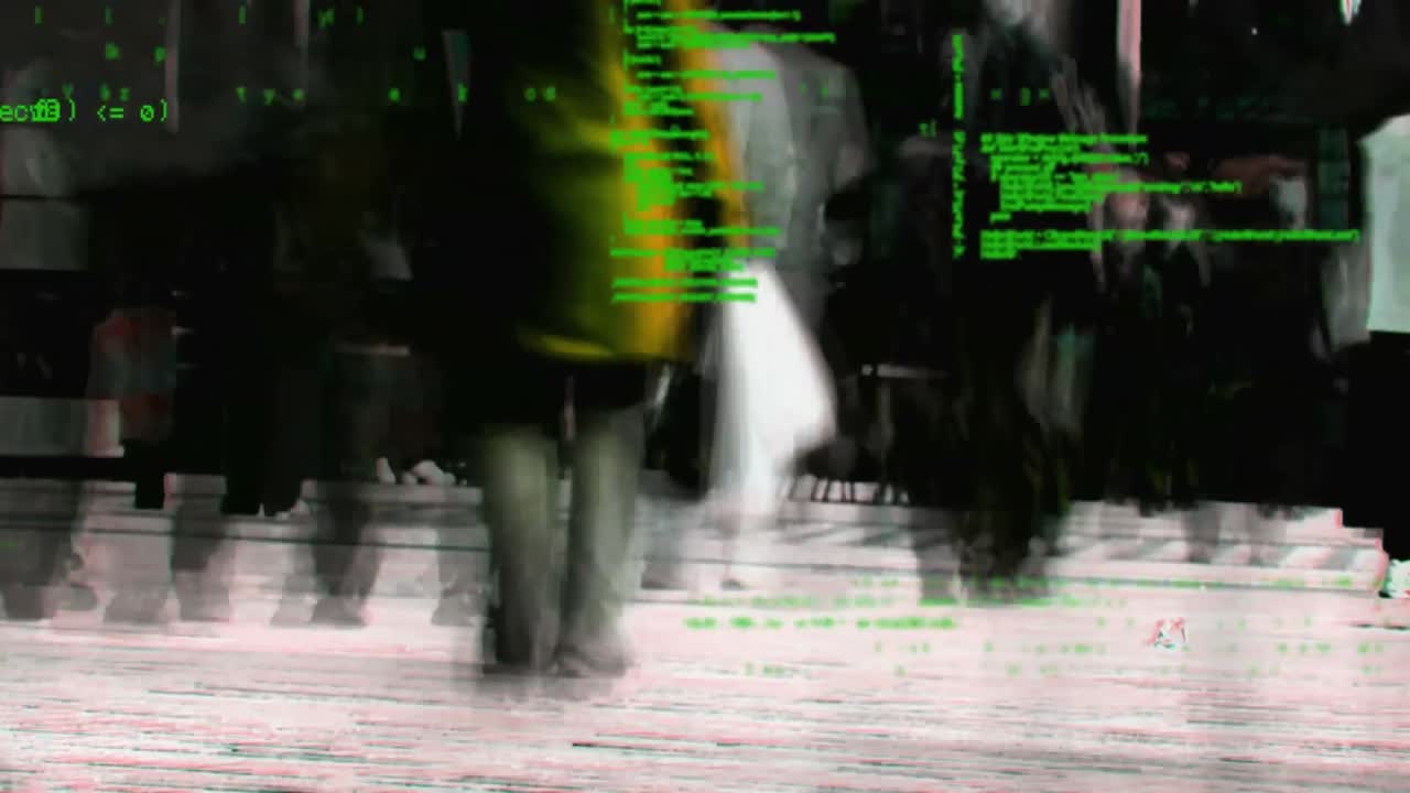 códigos de programa y una calle concurrida