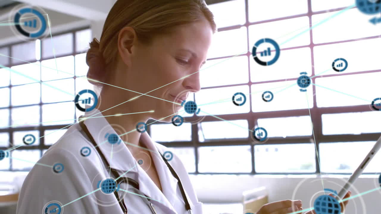 Animation of data and communication network over happy caucasian female doctor using tablet