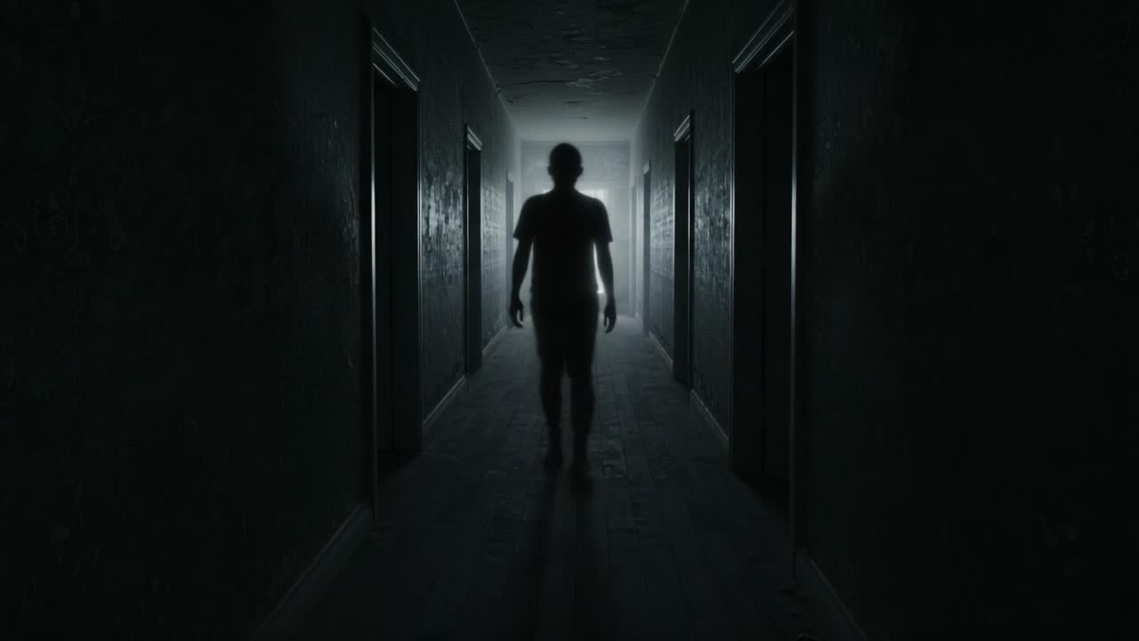 A lone figure walks down a dimly lit corridor, casting an enigmatic silhouette against the eerie backdrop of shadowy doors and fading wallpaper, evoking a sense of suspense