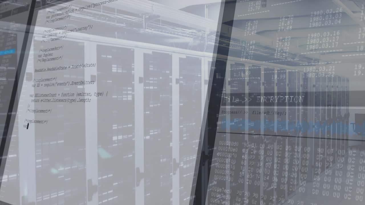 Central server racks streaming in 3D rendering, with code overlay encryption text and progress bar