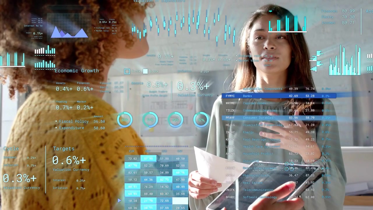 Right speaker with reports, tapping tablet, gesturing to left listener, updating AR business charts