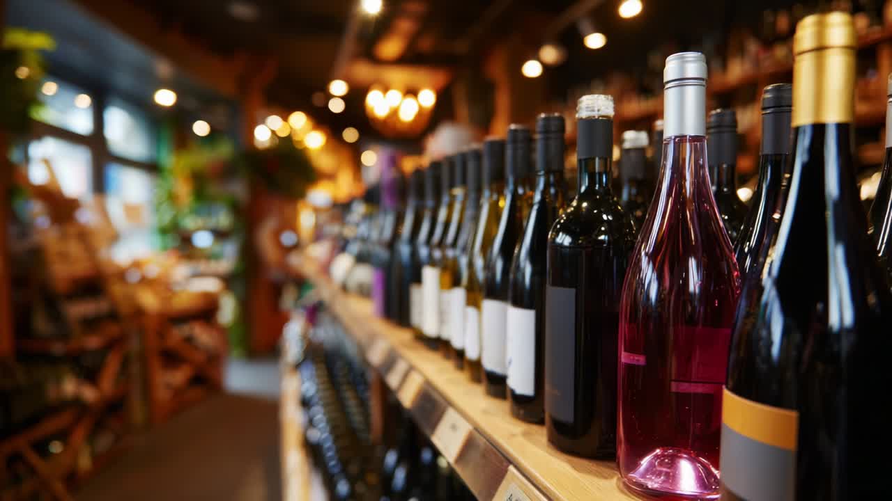 A Vibrant Collection of Wine Bottles Displayed in a Cozy Retail Environment, Highlighting Various Types and Styles Including Reds, Whites, and Unique Blends in a Warm Atmosphere